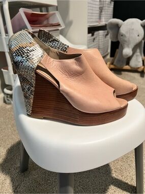 Rebecca Minkoff Blush Pink Leather Peep-Toe Wedge Sandals with Snakeskin Heel
